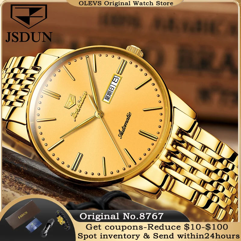 JSDUN 8767 Men Watch Fashion Business Ultra Thin Waterproof Dual Calendar Clock Men Luxury Original Automatic Mechanical Watch