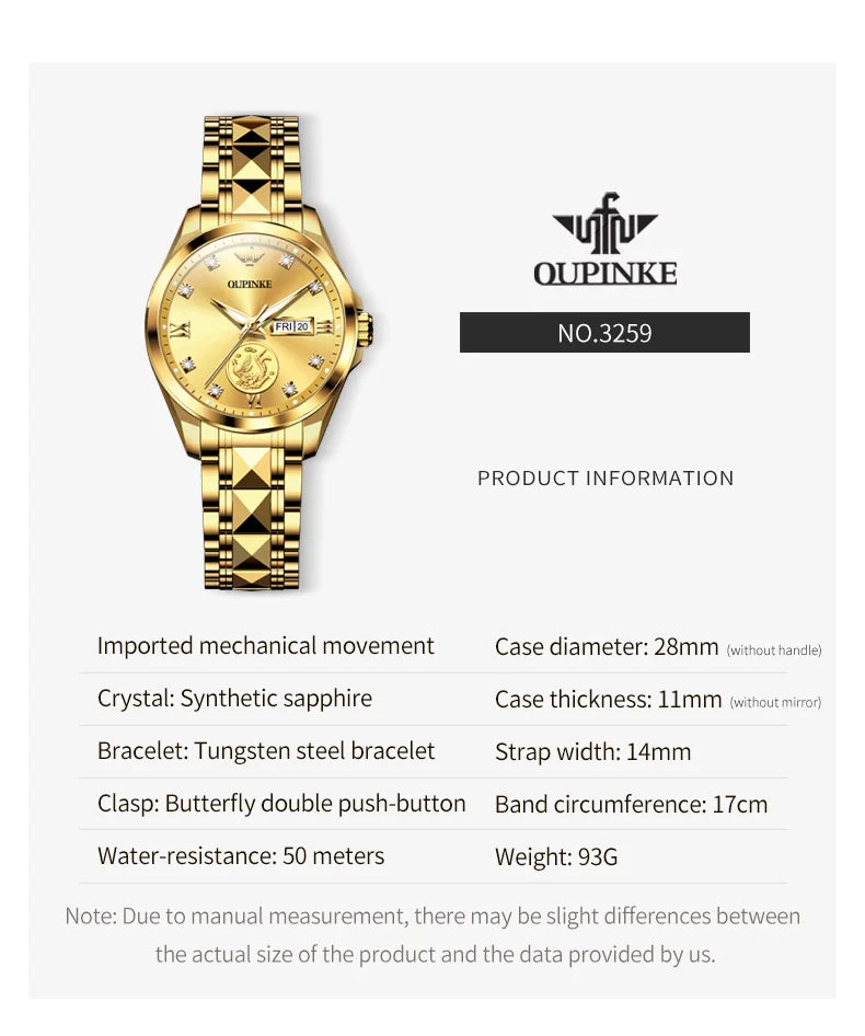 OUPINKE 3259 Real Gold Phoenix Women Watch Luxury Swiss Certified Automatic Mechanical Watch Elegant Travel Dress Women Watch