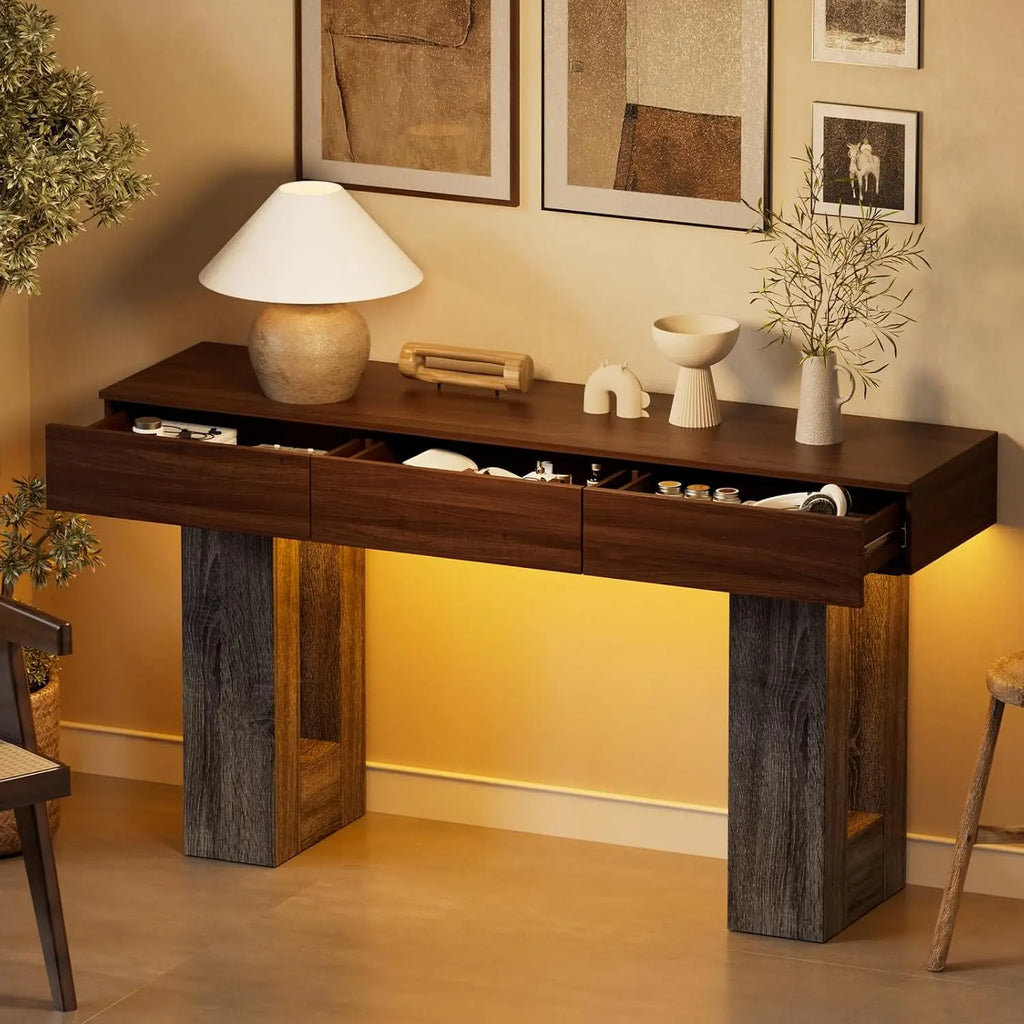 63-Inch Long Console Table with Colorful LED Lights and 3 Drawers, Wooden Rectangular Sofa Table Behind The Couch
