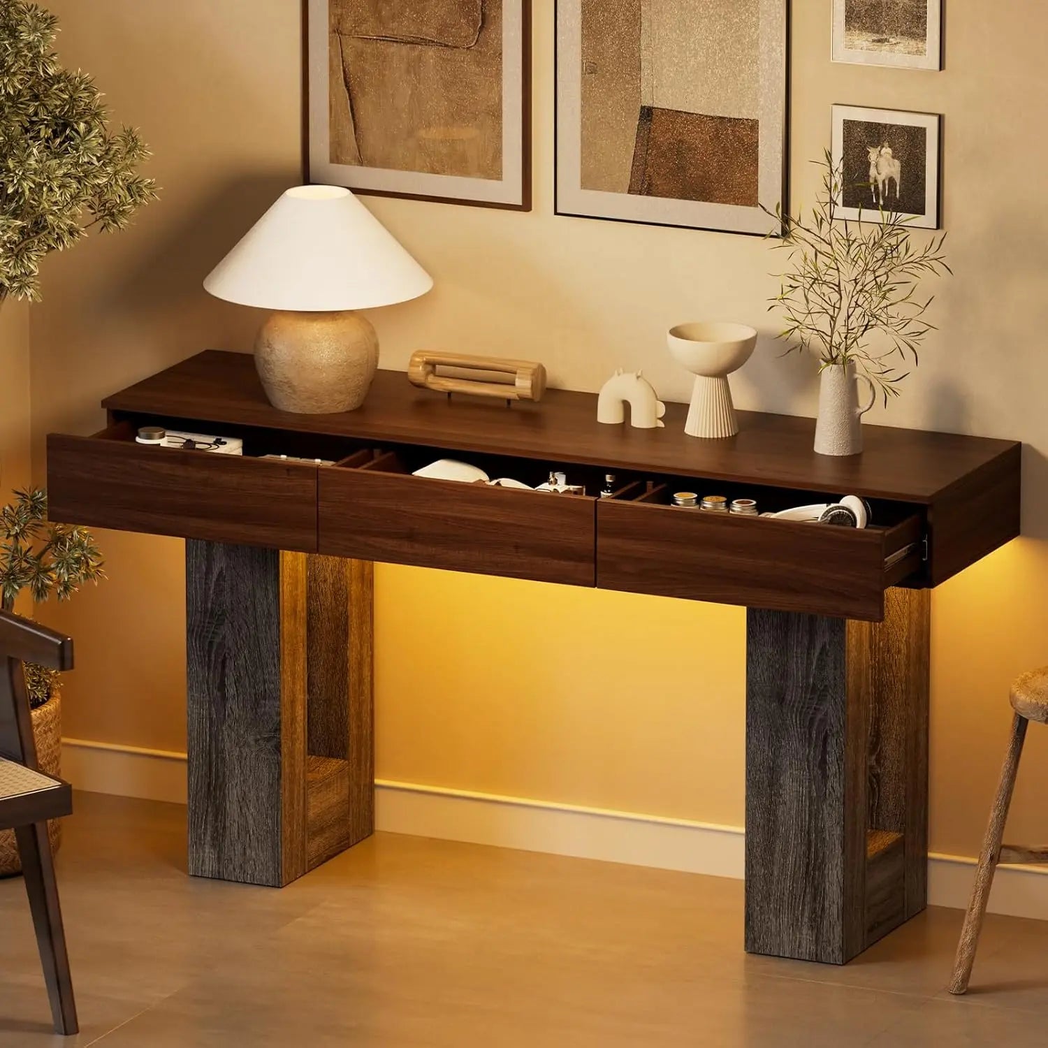 63-Inch Long Console Table with Colorful LED Lights and 3 Drawers, Wooden Rectangular Sofa Table Behind The Couch