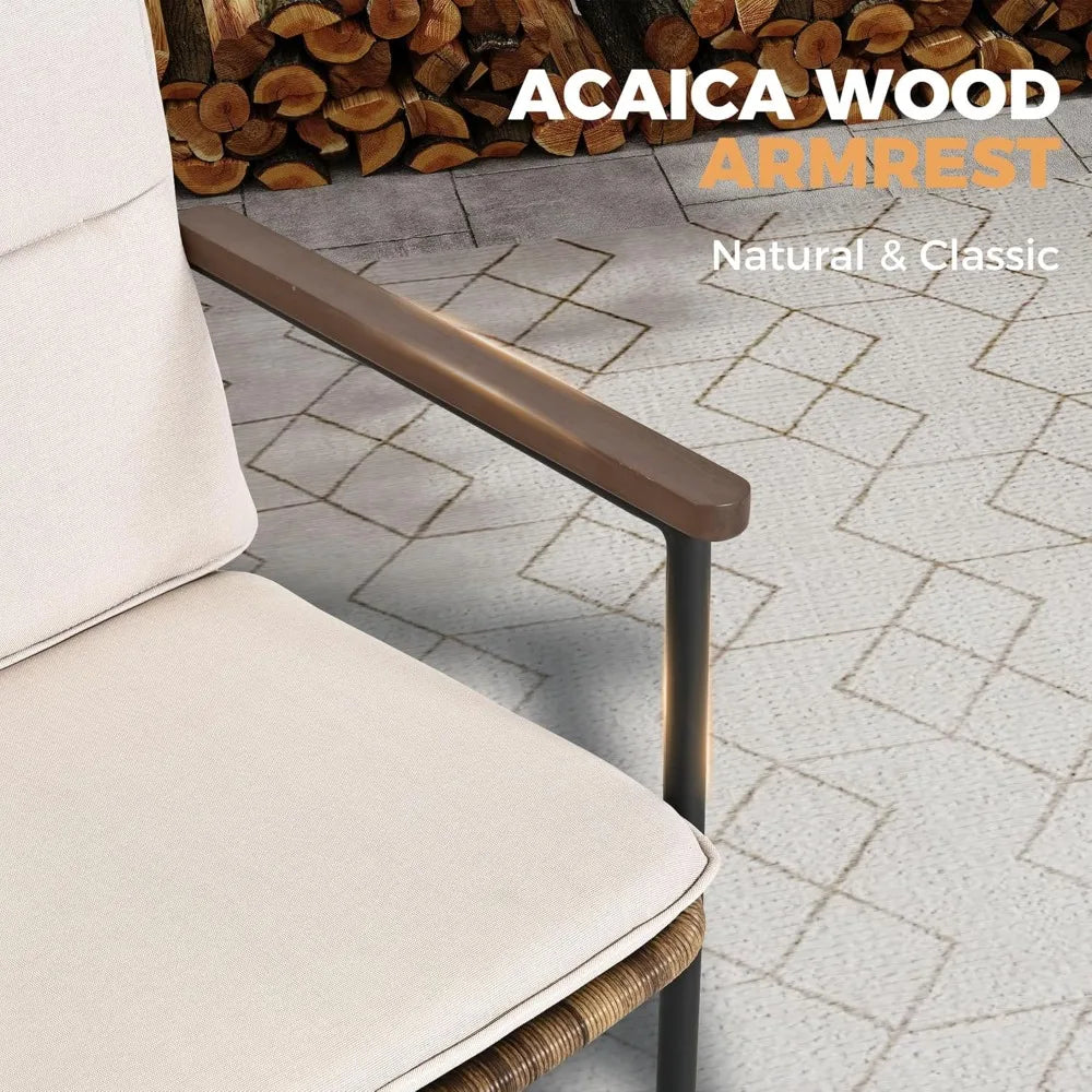 7 Piece Patio Dining Set Outdoor, 6 Wicker Chairs with Aluminum Frame and Olefin Cushions, Large Wooden Dining Table