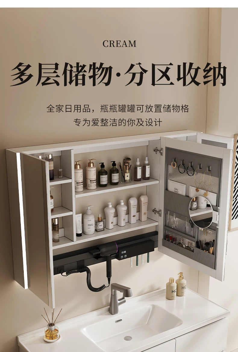 Nordic Luxury Smart Bathroom Mirror Cabinet Wall-mounted LED Light Anti-fog Bathroom Mirror Simple Bathroom Furniture FYBC