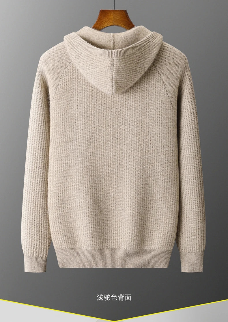 New Men's Thick Zipper Hoodie Cardigan100% Merino Wool Knitted Sweater Casual Loose Autumn/Winter Warm Hoodie Long Sleeve Jacket