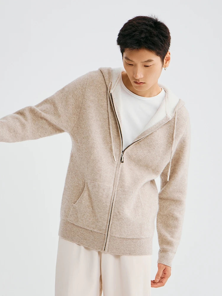 High Quality Autumn Winter Men Hooded Cashmere Sweater Long Sleeve Casual Loose 100% Merino Wool Cardigan Knitwear Clothing Tops