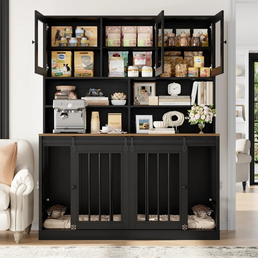 Dog Crate Furniture for Large Dogs for 2 Pets with Divider, Front&Sides 4 Doors Dog Kennel with Feeding Bowls, Indoor Cage/Side