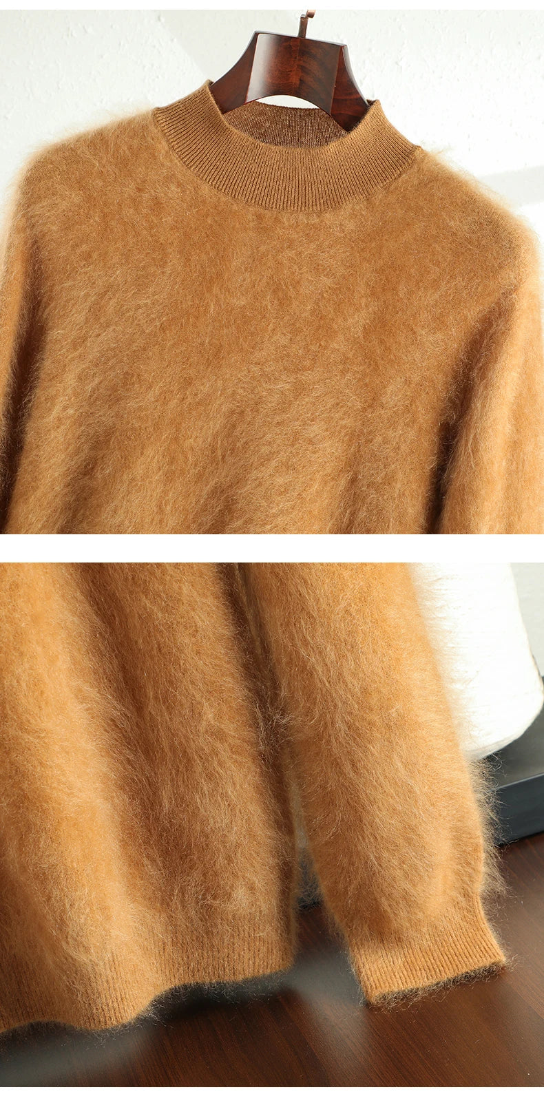 2024 Men 100% Plush Cashmere Sweaters Mock Neck Basic Pullovers Long Fluff Pure Brushing Cashmere Half High Collar Jumper Winter