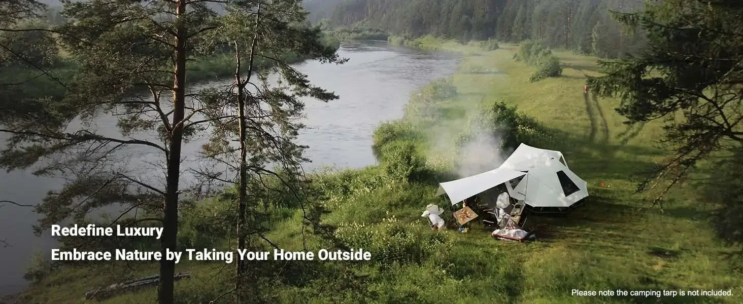 YC-Canvas Bell Yurt Tents, 4 Seasons Large Waterproof & Windproof Luxury Glamping Tent w/Stove Jack for Family Outdoor Camping,