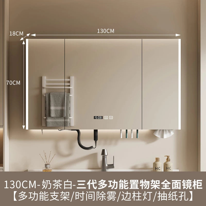 Nordic Luxury Smart Bathroom Mirror Cabinet Wall-mounted LED Light Anti-fog Bathroom Mirror Simple Bathroom Furniture FYBC