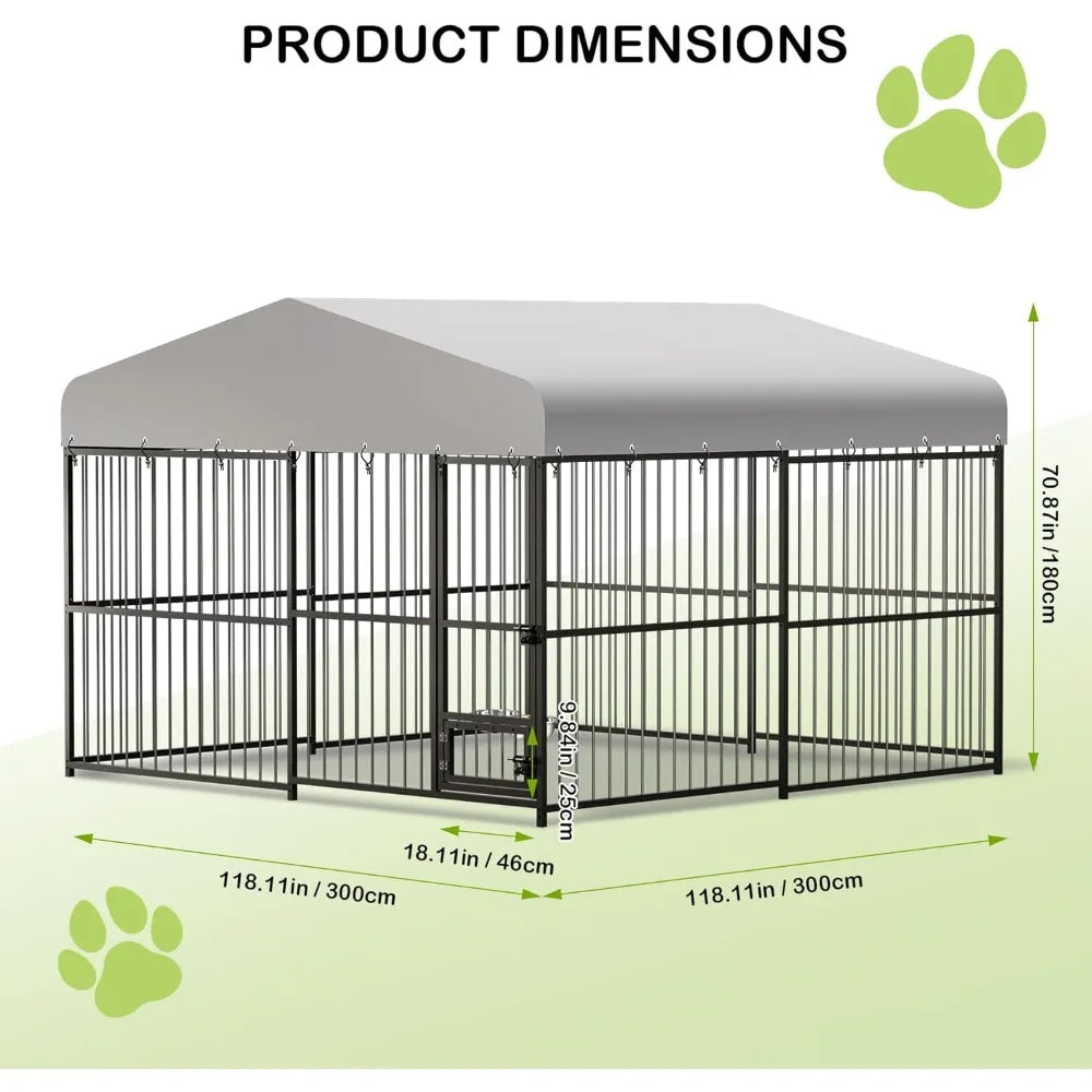 Large Outdoor Dog Kennel with Waterproof Cover, Large Dog House with Feeding Doors, Heavy Duty Dog Enclosures for Garden Backyar