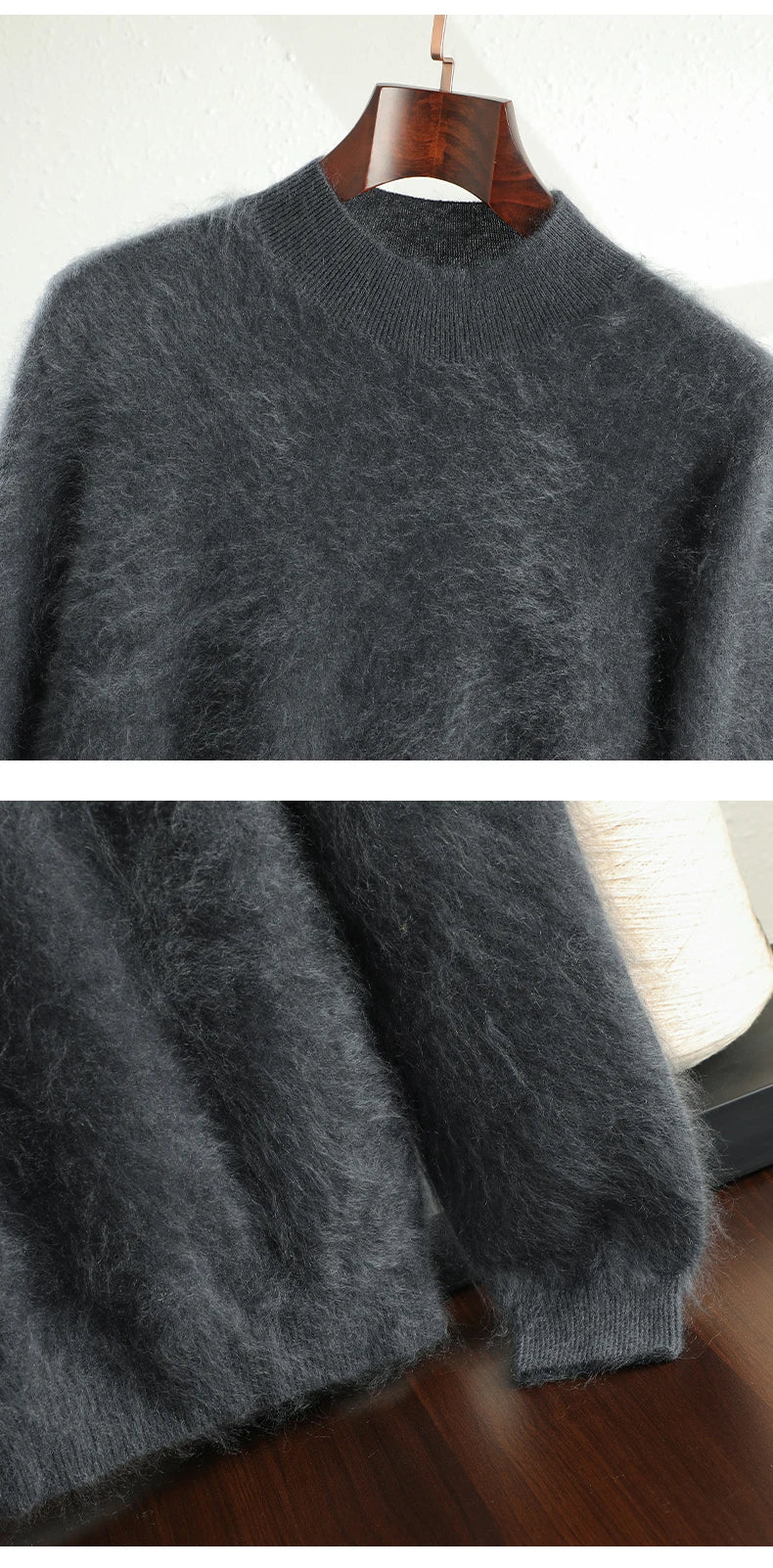 2024 Men 100% Plush Cashmere Sweaters Mock Neck Basic Pullovers Long Fluff Pure Brushing Cashmere Half High Collar Jumper Winter