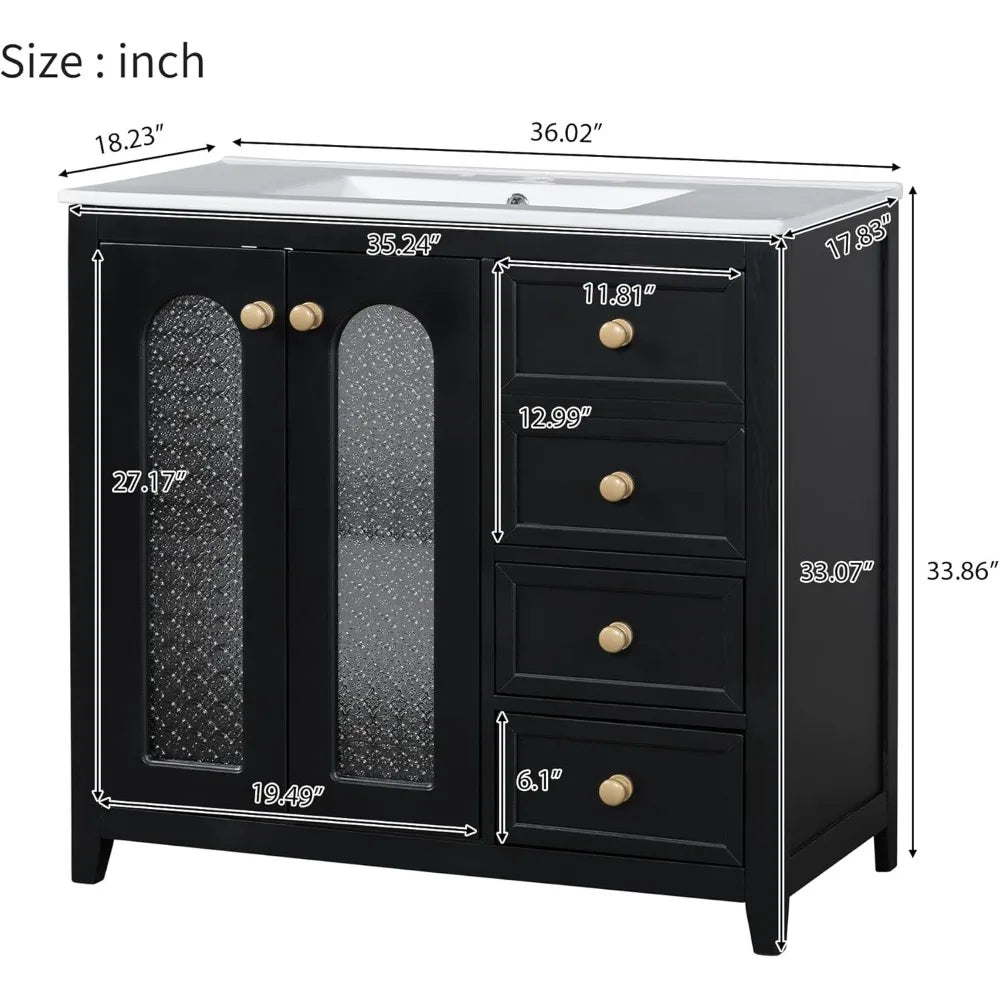 36 Inch Bathroom Vanity with Sink Top Combo, Wood Bathroom Sink Cabinet with 2 Soft Closing Doors and 3 Drawers, Modern Freestan