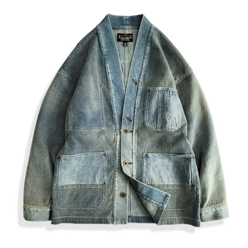 Amekaji Wear Clothes Men Blue Dyed Denim Robe Jacket Cardigan Coat Retro Washed Dyed Distressed