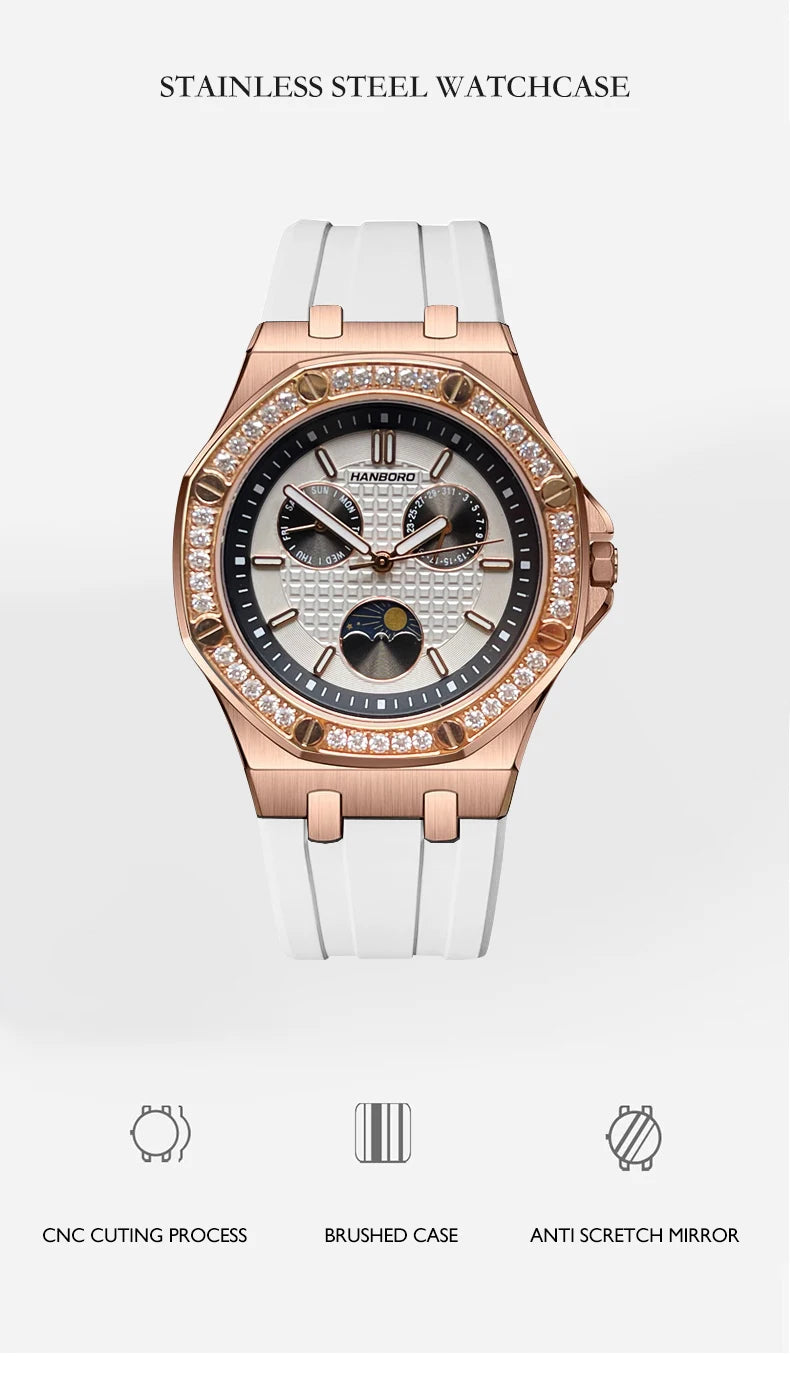 Hanbro Women Luxury Watch 37mm Ladies Vintage Quartz Wristwatch Luminous Waterproof Silicone Strap Week Date Triple Windows