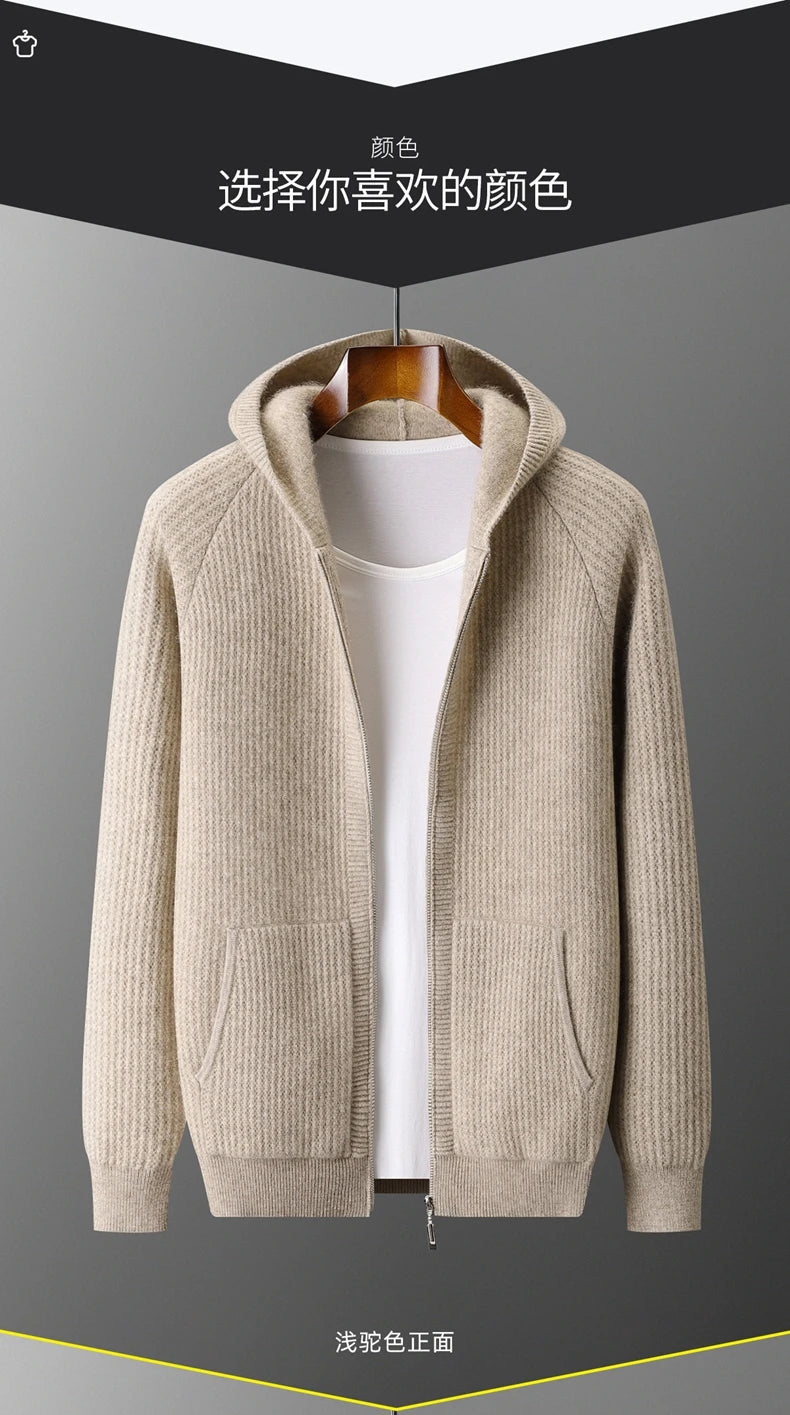 New Men's Thick Zipper Hoodie Cardigan100% Merino Wool Knitted Sweater Casual Loose Autumn/Winter Warm Hoodie Long Sleeve Jacket