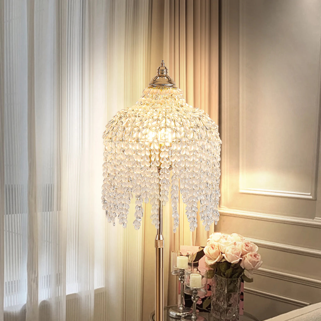 63” 3-Light Gold Crystal Floor Lamp with Grape Shaped Crystal Bead String and Marble Textured Base for Living Room Den Bedroom