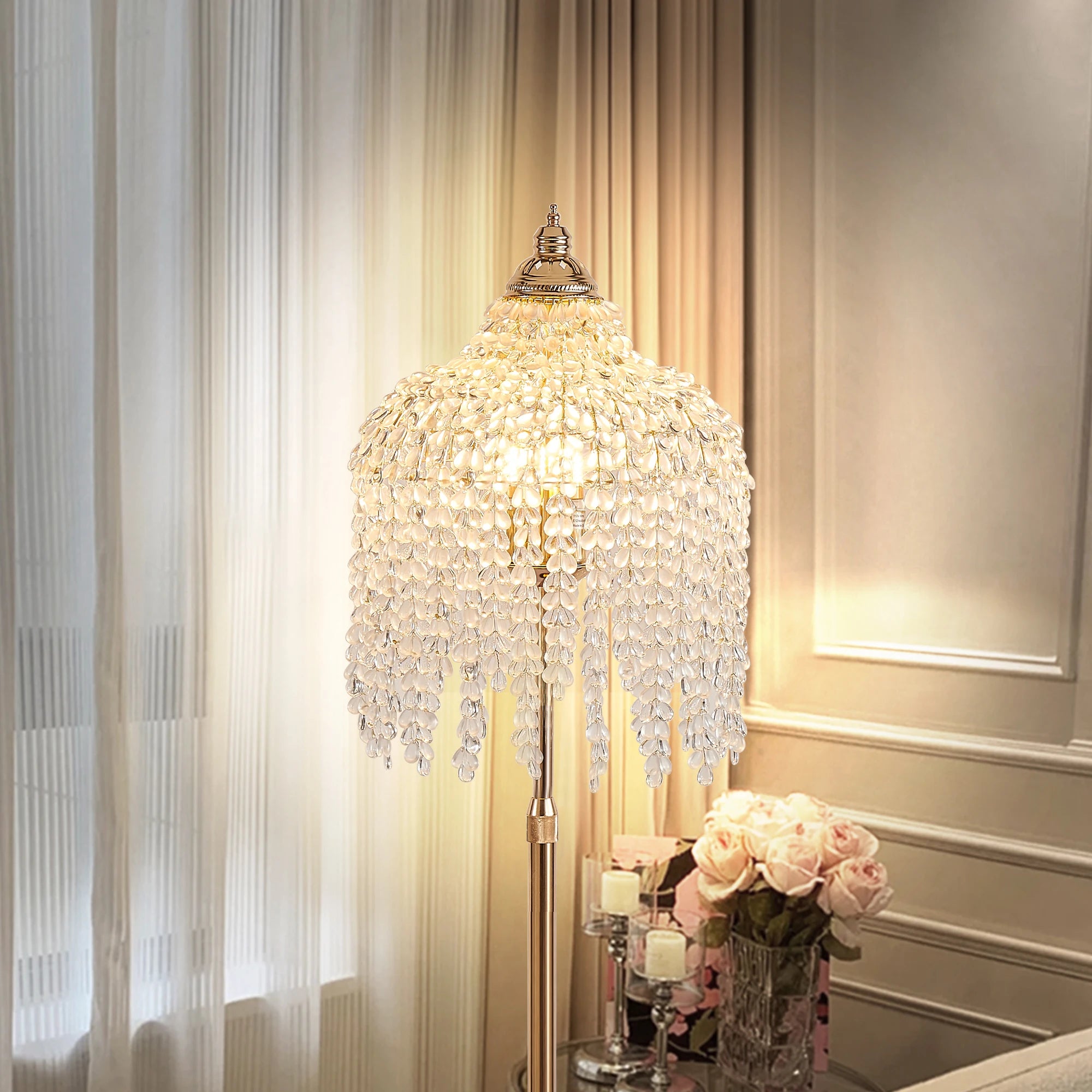 63” 3-Light Gold Crystal Floor Lamp with Grape Shaped Crystal Bead String and Marble Textured Base for Living Room Den Bedroom