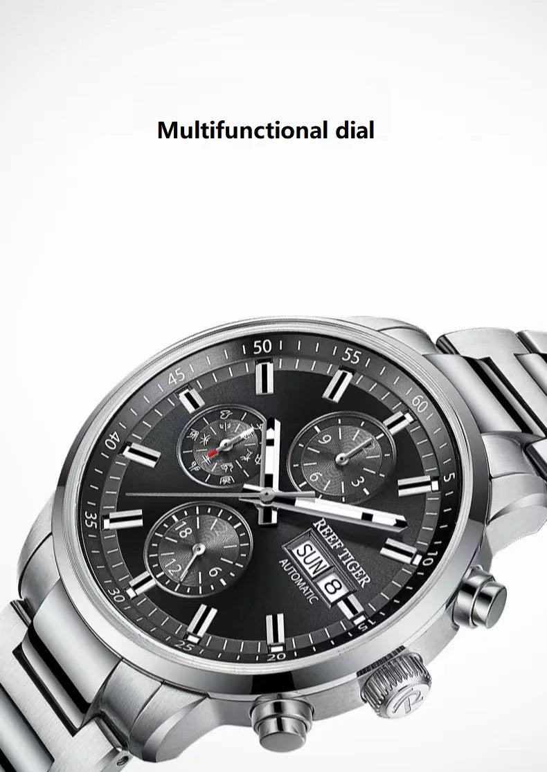 reef tiger Men's Mechanical Watch, Fully automatic multi-functional dual calendar business men's watch, waterproof men's timepie