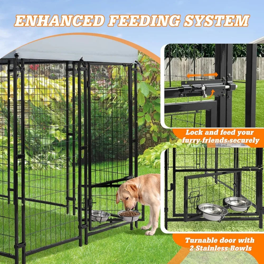 8x4x6 FT Outside Large Dog Kennel with roof - Outdoor Heavy Duty Welded Wire Steel Dog Playpen with Rotating Bowls, Dog Run Encl