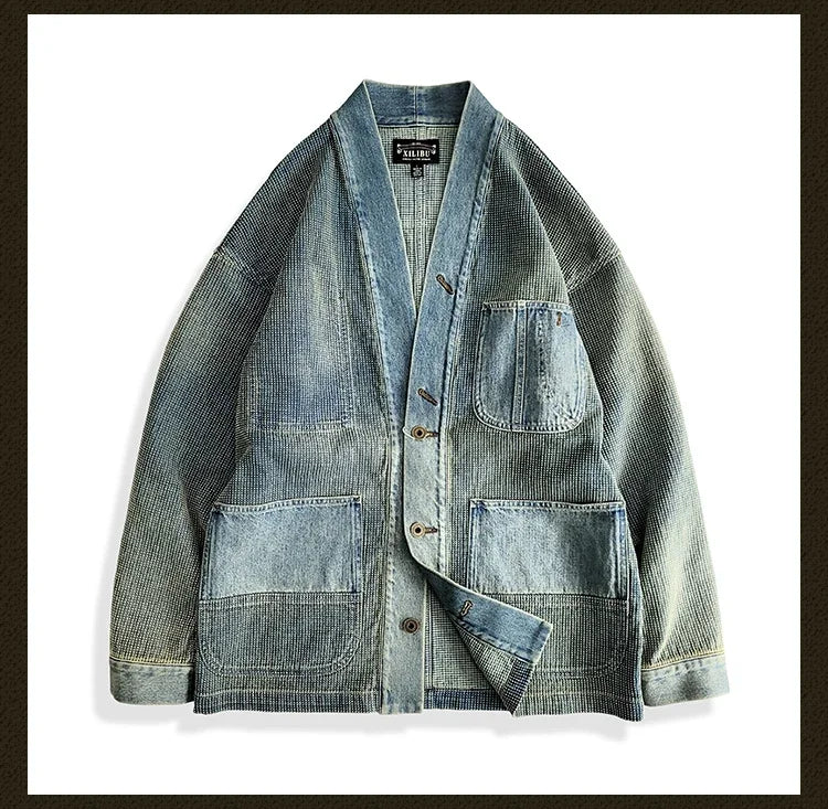 Amekaji Wear Clothes Men Blue Dyed Denim Robe Jacket Cardigan Coat Retro Washed Dyed Distressed