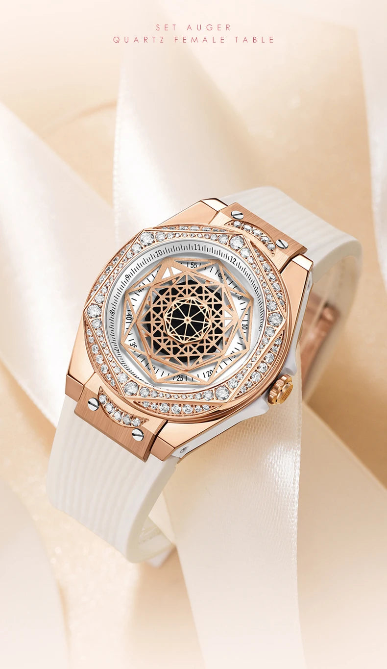 HANBORO Women Luxury Watch 36mm Ladies Quartz Wristwatch Luminous Waterproof Silicone Strap 112pcs Crystal