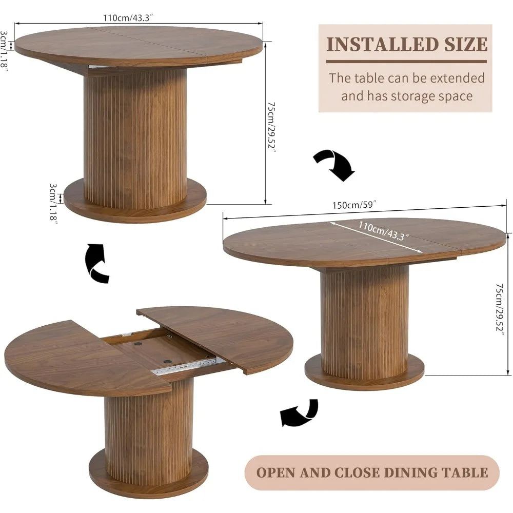 43.3 inch 59 inch Adjustable Size Round Dining Table for 4 6, Unique Design Modern Farmhouse Kitchen Table, Circle Dining