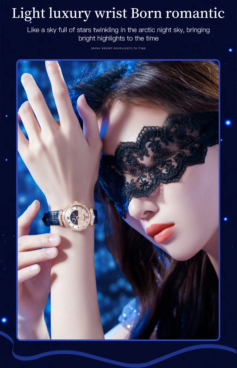 OUPINKE Original Women Watch Ladies Analog Quartz Diamond Wristwatch Stainless Steel Moon Phase 5Bar Waterproof Luxur Brand 3216