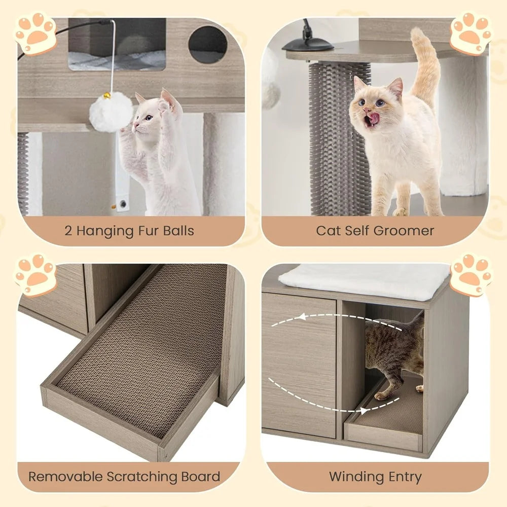 2-in-1 Cat Tree Tower with Litter Box Enclosure Multi-Level Cat Condo Plush Scratching Board Self Grooming Tools Safe Design