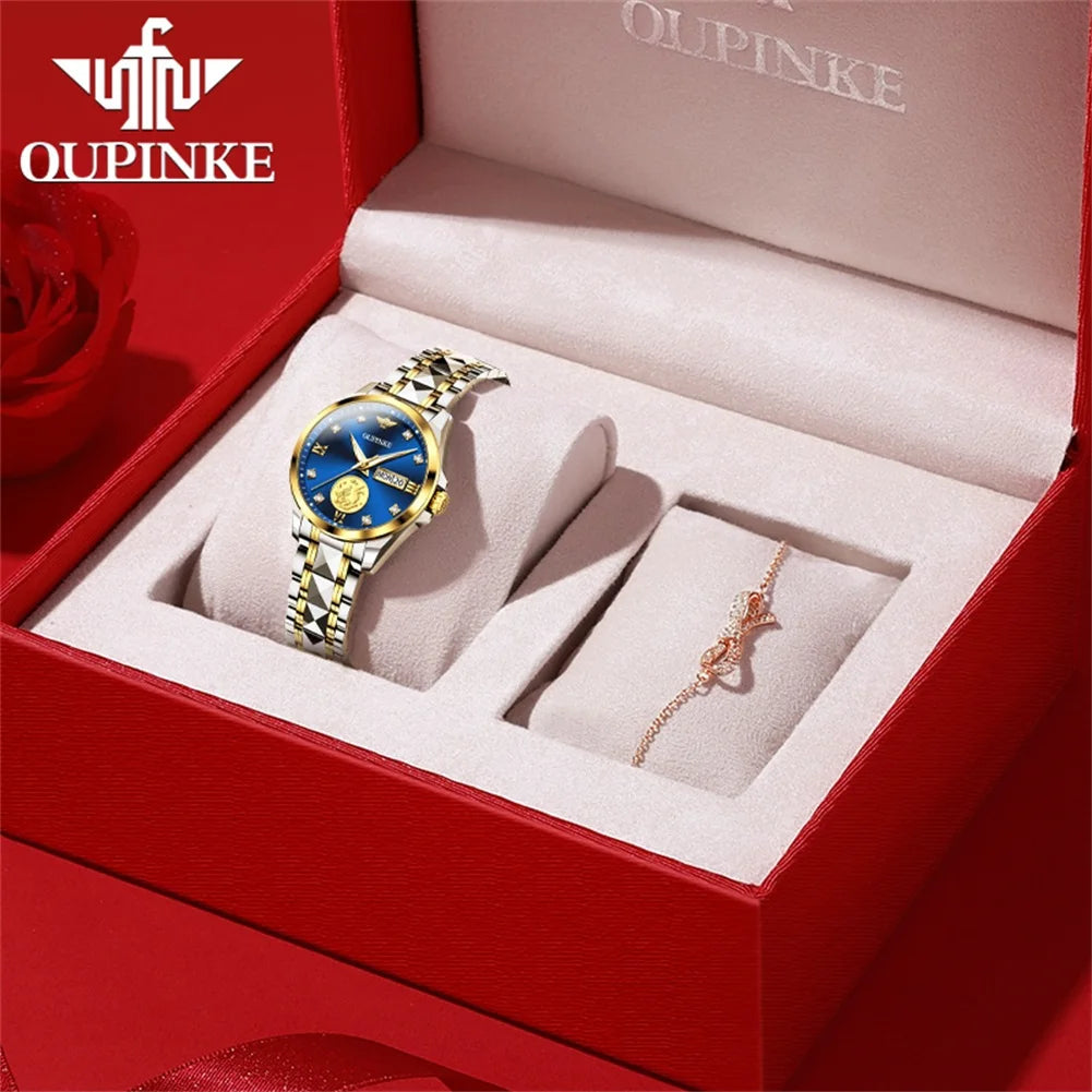 OUPINKE 3259 Real Gold Phoenix Women Watch Luxury Swiss Certified Automatic Mechanical Watch Elegant Travel Dress Women Watch