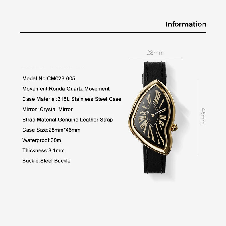 CRONUSART Women Quartz Watch 28mm*46mm Luxury Ladies Wristwatch Irregular Case Crystal Mirror Thickness 8.1mm