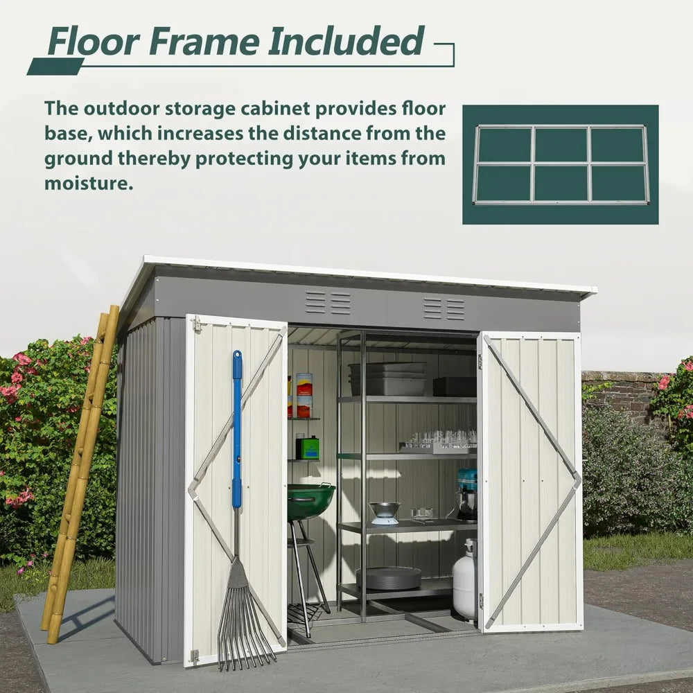 Outdoor Storage Shed - 4x8 Lean-to Design with Floor, Metal Construction, Lockable Door, and Air Vents for All-Weather Garden To
