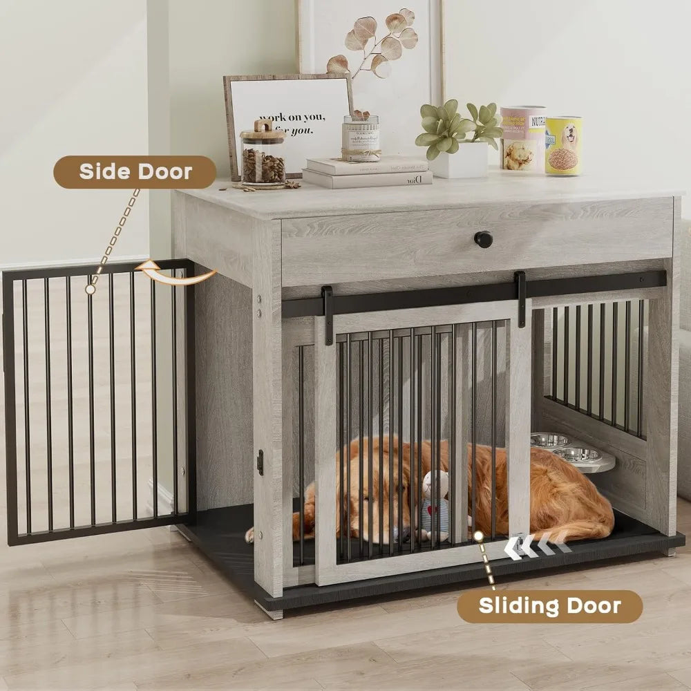 Wooden Storage Drawer Dog Crate with Sliding Door for Medium to Large Dogs, Indoor Pet House with Side Table