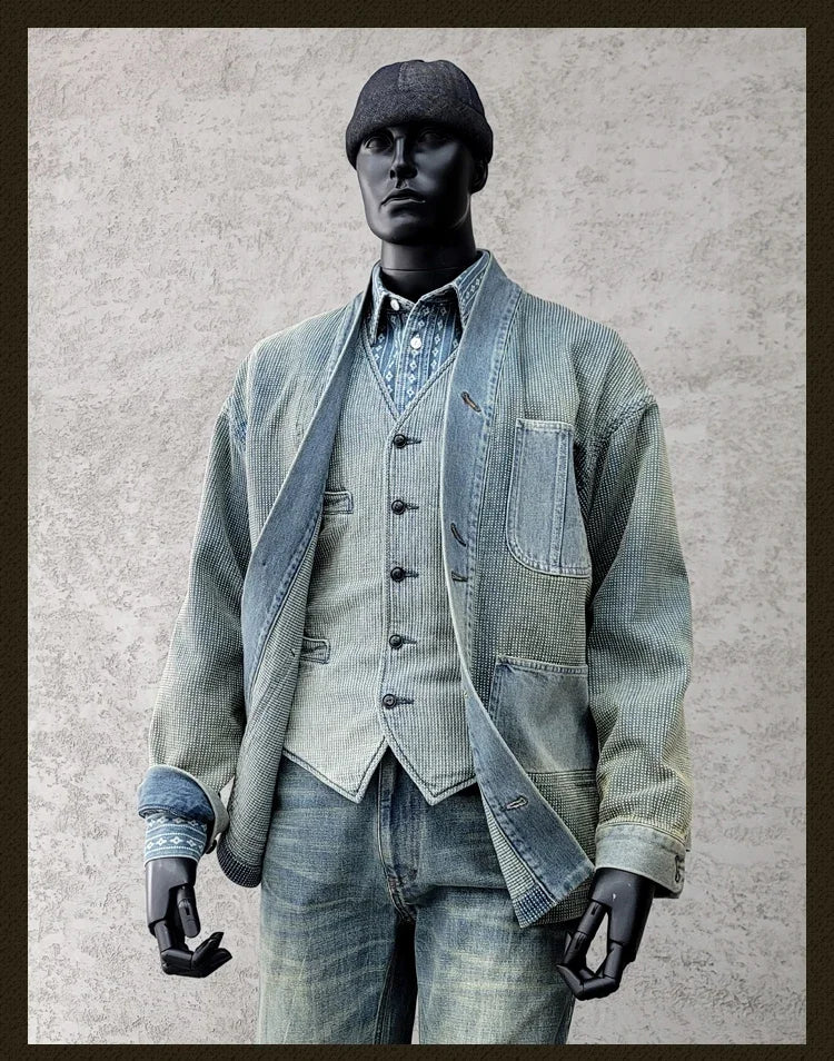 Amekaji Wear Clothes Men Blue Dyed Denim Robe Jacket Cardigan Coat Retro Washed Dyed Distressed