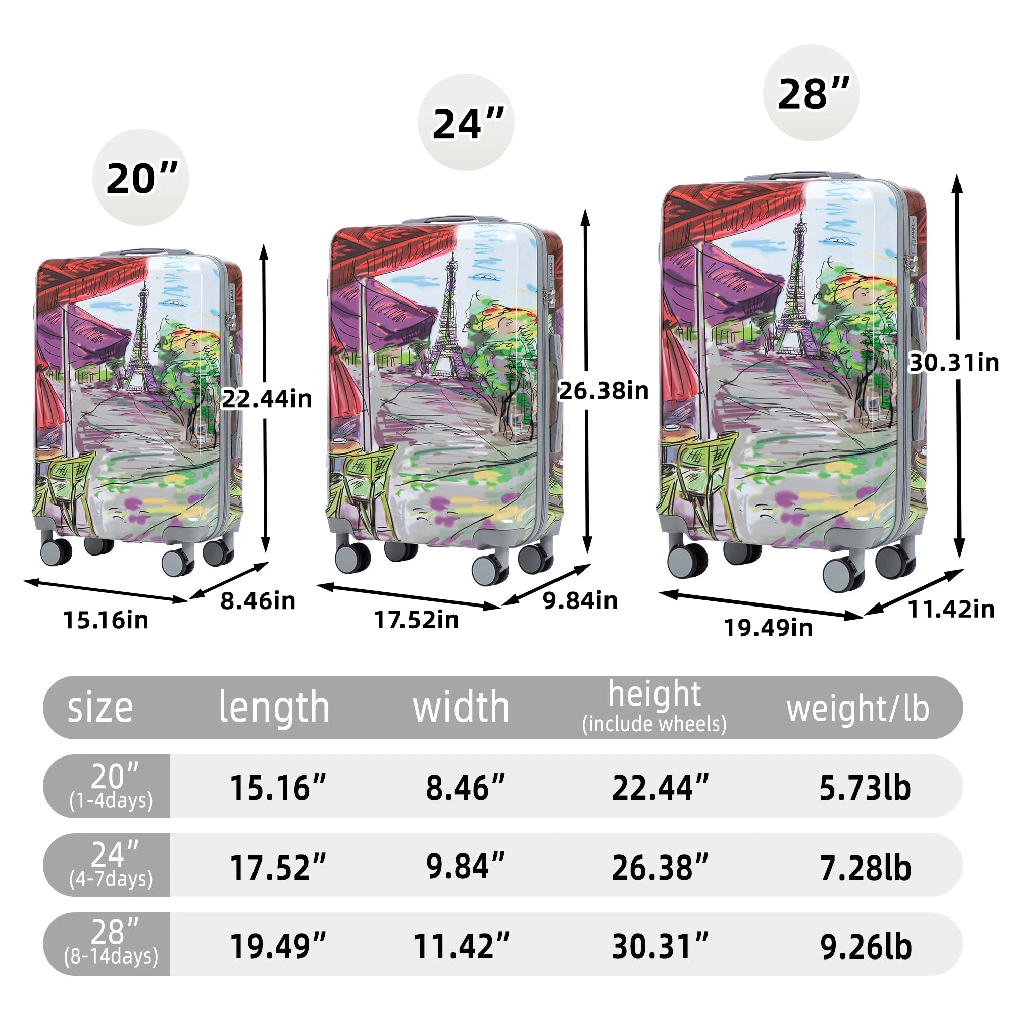 20"/24"/28" 3 pcs/set in PC Spinner Wheel Luggage, Carry on Suitcase, With Printed pattern and Combination Lock
