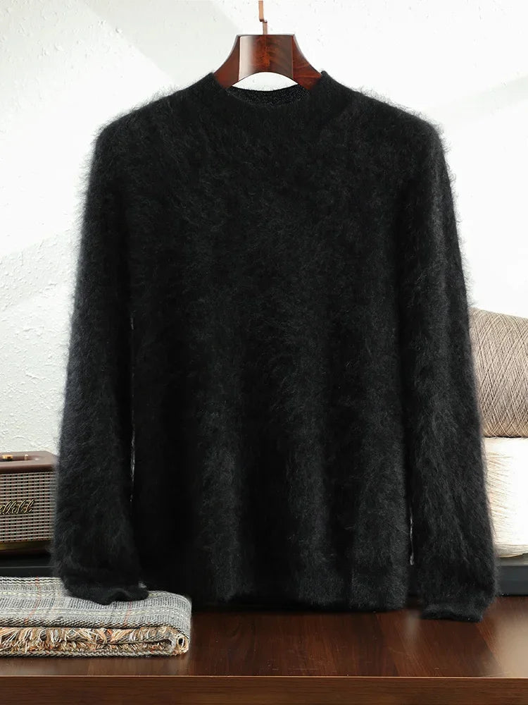 2024 Men 100% Plush Cashmere Sweaters Mock Neck Basic Pullovers Long Fluff Pure Brushing Cashmere Half High Collar Jumper Winter