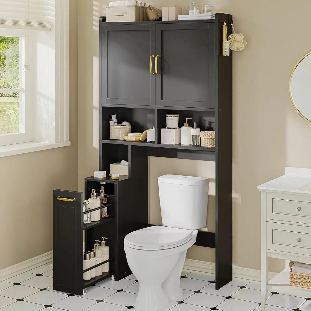 Over The Toilet Storage Cabinet with Pulley Small Bathroom Storage Cabinet, Space Saver W/Adjustable Shelf & Open Shelf for Bath