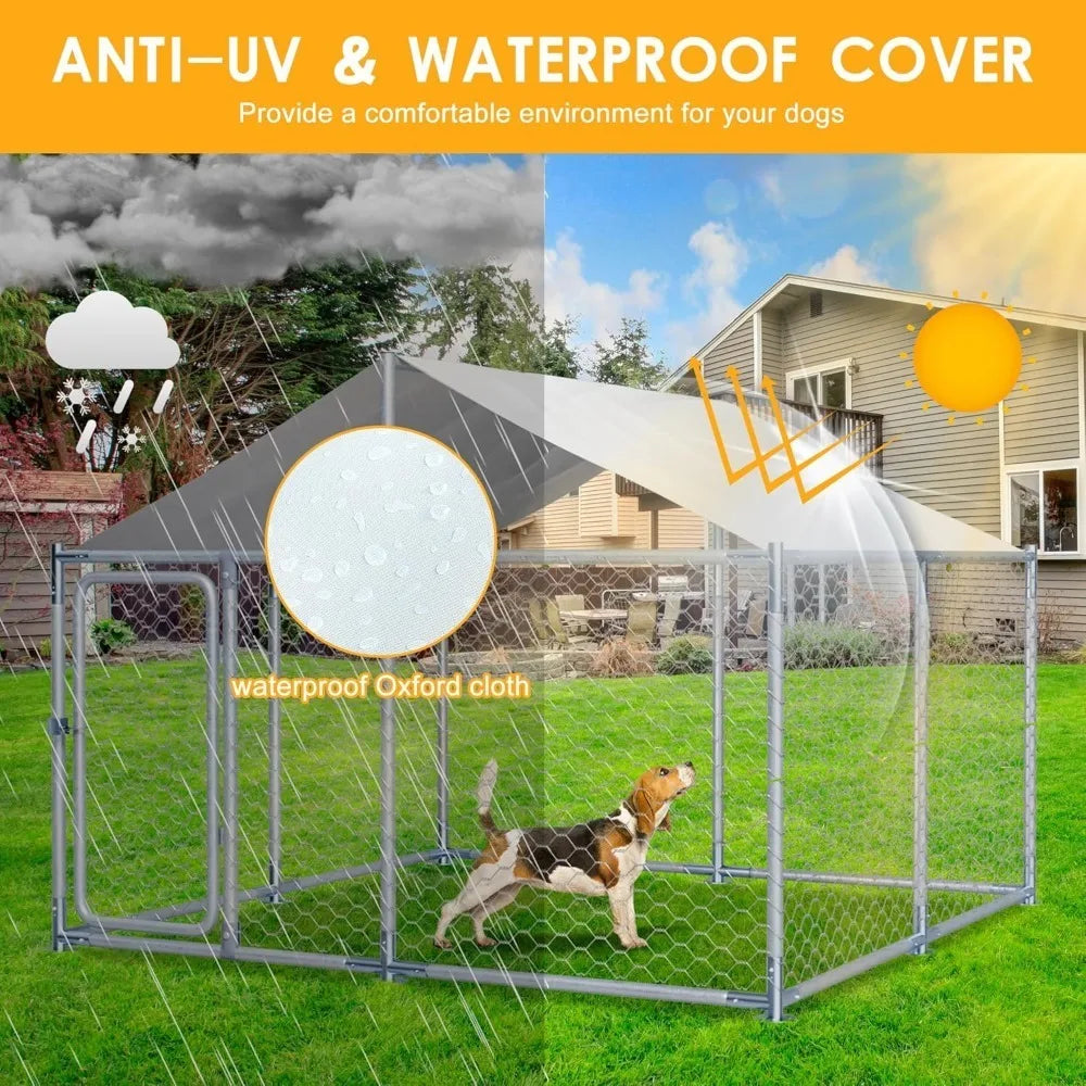7.5 FT Large Outdoor Dog Kennel with Roof Heavy Duty Dog Kennel House, Galvanized Chain Link Dog Runs Pet Playpen with Waterproo