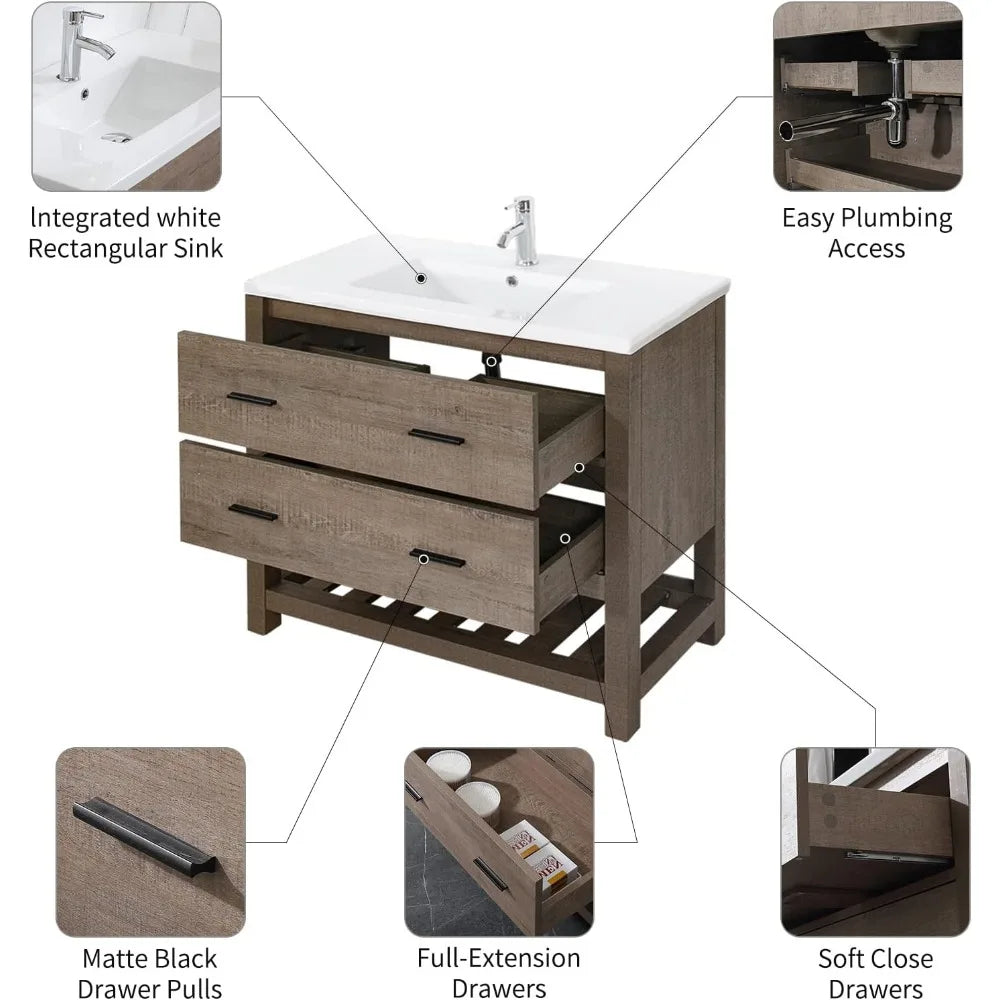 32" Bathroom Vanity and Sink Combo Cabinet Undermount Ceramic Vessel Sink Chrome Faucet Drain with Mirror and Shelf Vanities Se