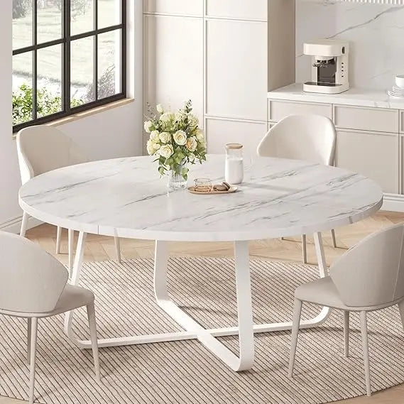 Modern Round Dining Table, Wood Metal Kitchen Tables,Industrial Large Dinner Room Tables for 6 to 8, Circle Dining Room Table f