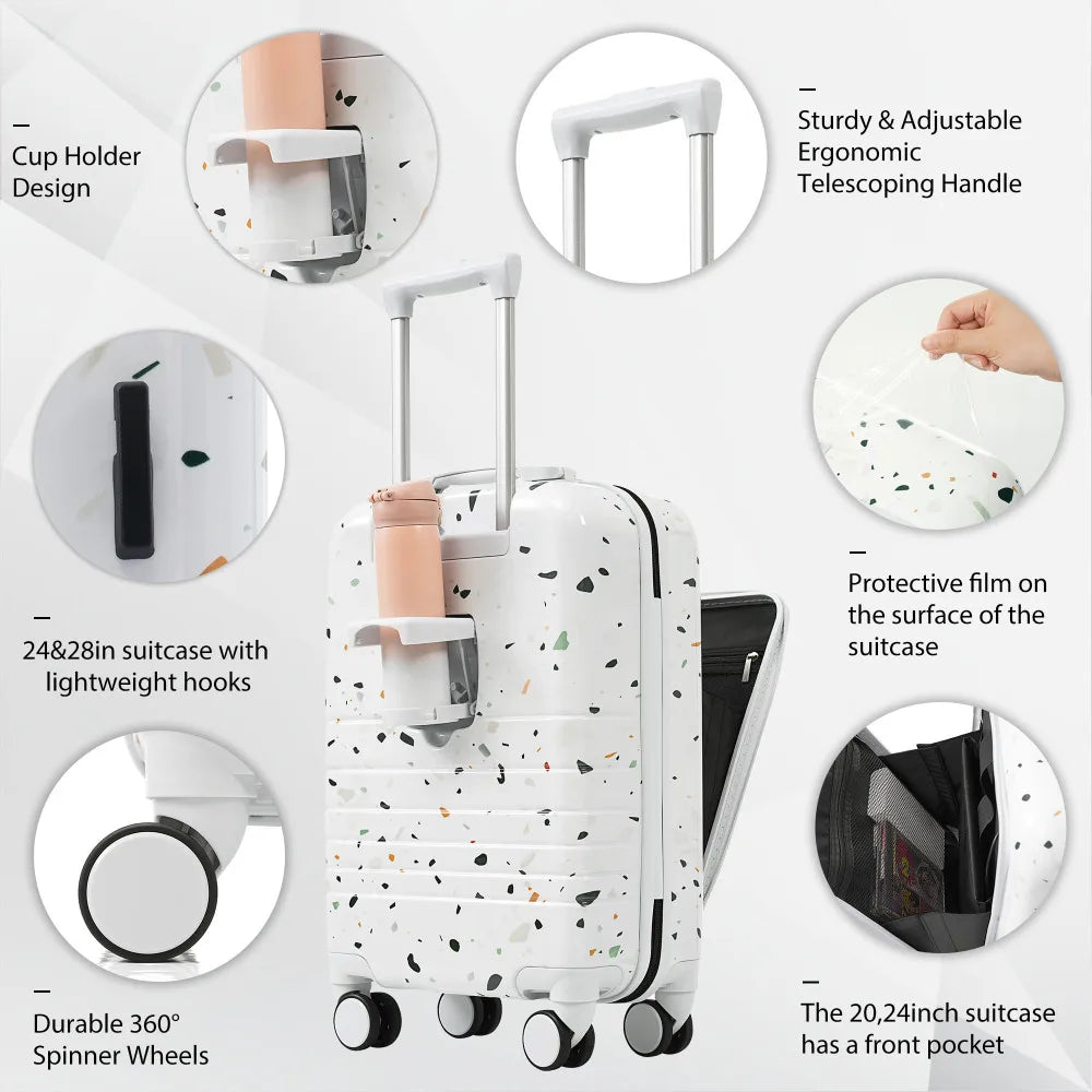 USB Port 20 24inch Front Opening Design Airline Certified Carry on Luggage ABS+PC Hard Shell Luggage with Spinner Wheels