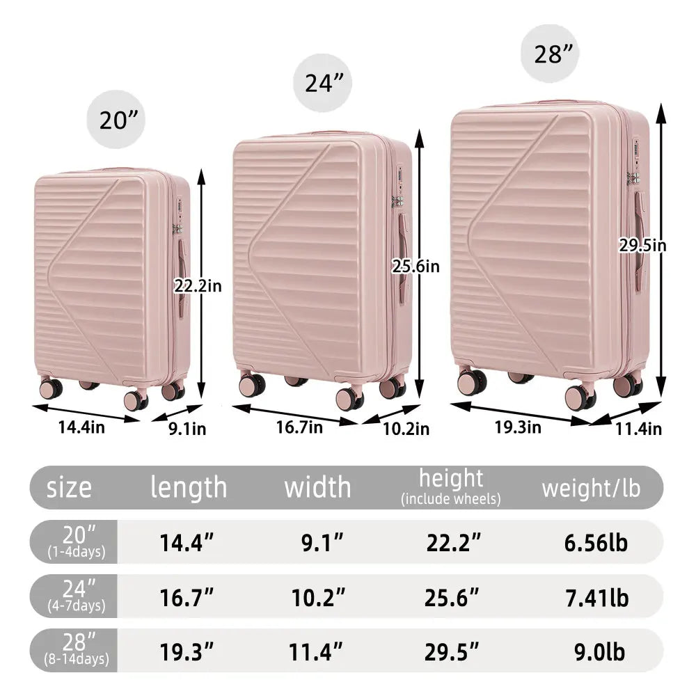 HIFINE TOURIST 20"/24"/28" 3 Pcs/set in ABS Spinner Wheel Luggage Carry on Suitcase Matching Color TSA Combination Lock