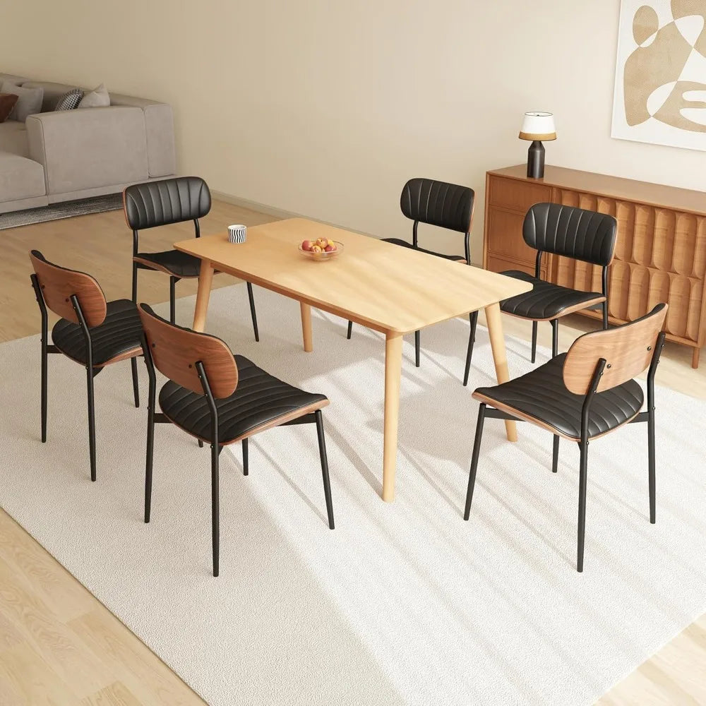 Modern PU Leather Dining Room Chairs Set of 6, Upholstered Kitchen Chairs with Walnut Bentwood Back and Metal Legs Adjustable