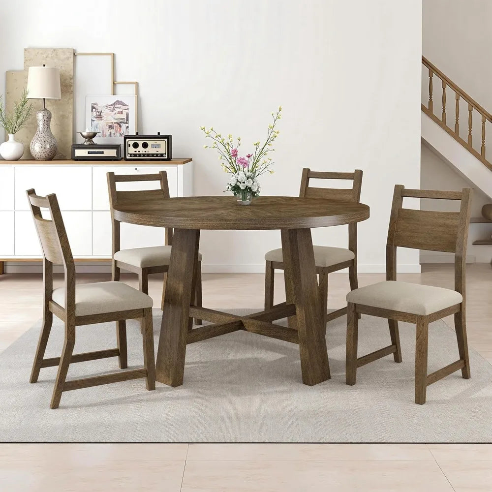 Round Solid Wood Dining Table Set for 4, 5-Piece Mid-Century Kitchen & Dining Room Furniture with Padded Chairs, Space