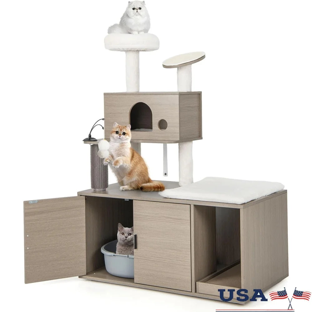 2-in-1 Cat Tree Tower with Litter Box Enclosure Multi-Level Cat Condo Plush Scratching Board Self Grooming Tools Safe Design