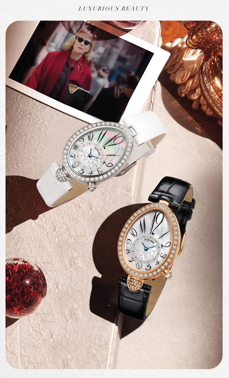 DITALING Women Luxury Watch Ladies Watches Vintage Quartz Wristwatch 30M Waterproof Skeleton Water Drop Shape Case Crystal Bezel