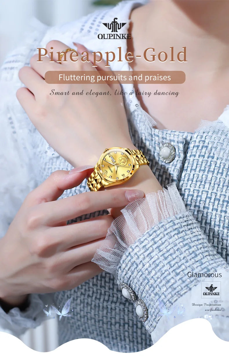 OUPINKE 3259 Real Gold Phoenix Women Watch Luxury Swiss Certified Automatic Mechanical Watch Elegant Travel Dress Women Watch