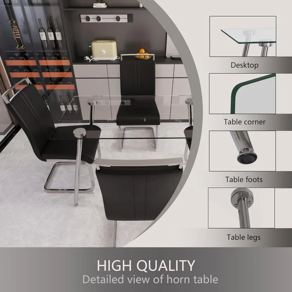 Glass Dining Table Set for 4, Modern Rectangle Dining Table Set for 4, Glass Kitchen Table and Chairs Set for 4 Suitable Living