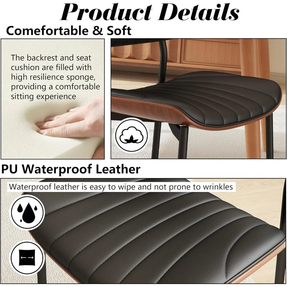 Modern PU Leather Dining Room Chairs Set of 6, Upholstered Kitchen Chairs with Walnut Bentwood Back and Metal Legs Adjustable