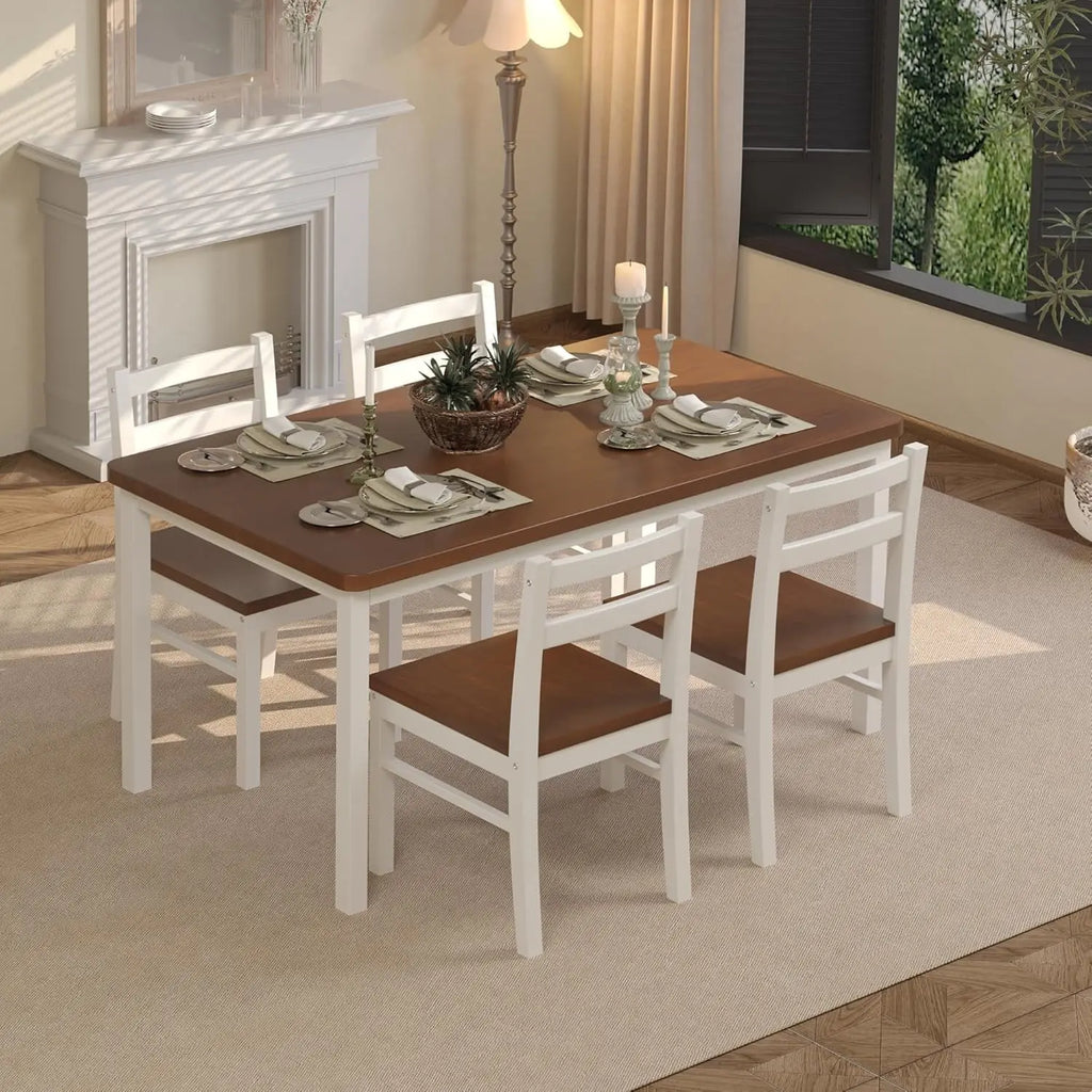 Solid Wood Dining Table Set for 4, Farmhouse Rectangular Table and 4 Chairs Set for Kitchen, Living Room, Breakfast Nook