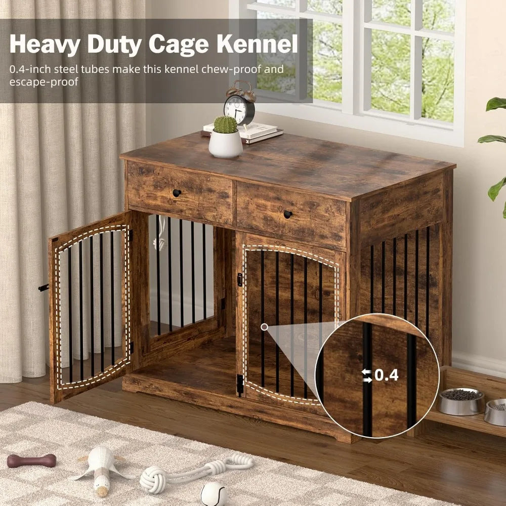 40 Inch Furniture-Style Dog Crate-Multipurpose Wood Pet Crate Furniture with Double Doors,2 Drawers, Decorative Dog House Indoor