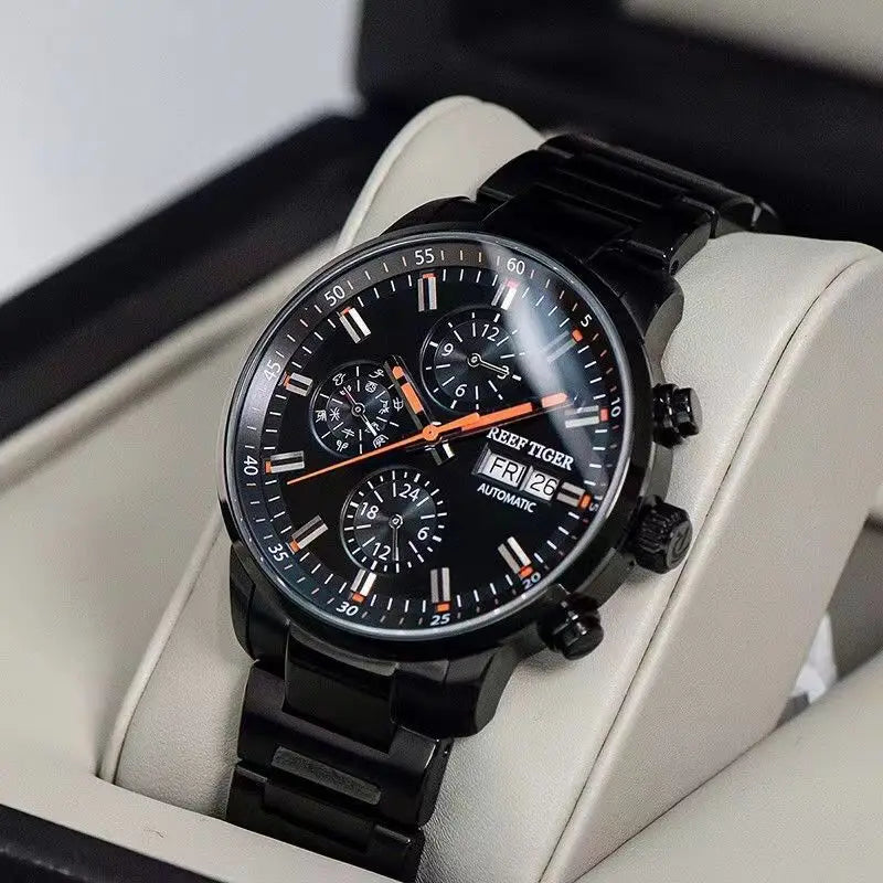 reef tiger Men's Mechanical Watch, Fully automatic multi-functional dual calendar business men's watch, waterproof men's timepie